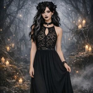 Nightway Black Lace Sequin Halter Neck Party Cocktail Dress Size 8 Goth Witchy